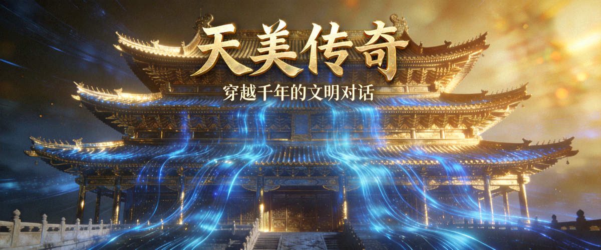 历史纪录片《天美传奇》宣传海报，古代建筑与现代光影交织